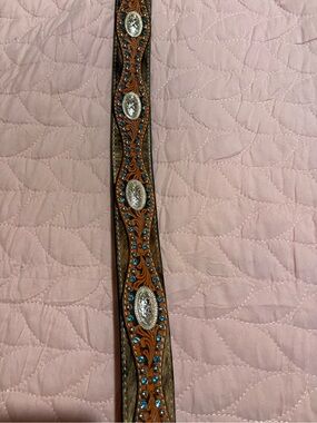 Women's Brown Tooled Leather Belt with Turquoise Stones
